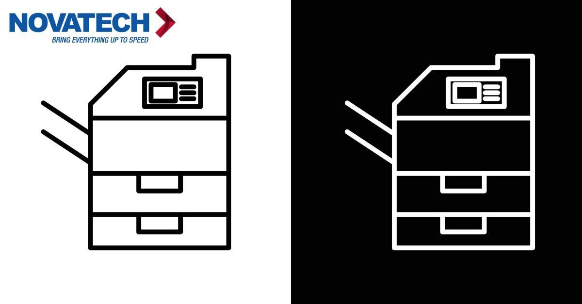 The image displays a logo for Novatech, featuring a printer icon on both a white and black background, with the tagline