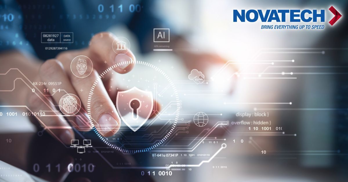 A hand interacts with a digital interface displaying security icons and binary code, suggesting a cybersecurity or data