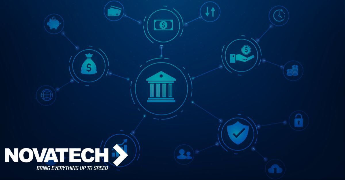 A network of financial icons surrounds a central bank building, illustrating a digital financial ecosystem.