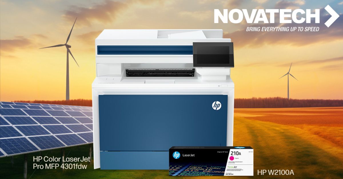 A Novatech printer and HP toner are showcased against a backdrop of solar panels and wind turbines, suggesting a focus