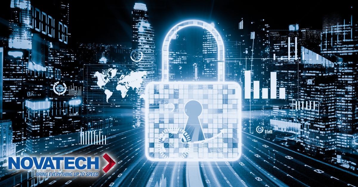 A digital padlock overlayed on a cityscape with data visualizations represents cybersecurity and technological