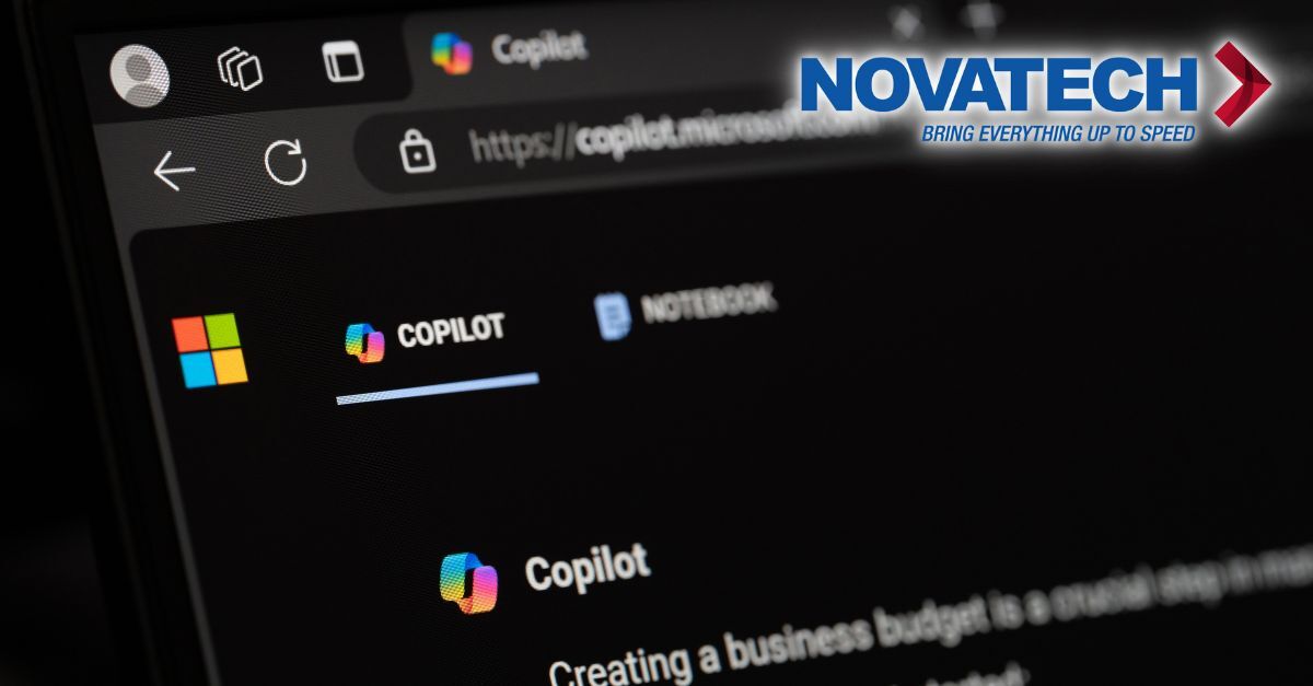 A dark-themed browser window displays the Microsoft Copilot website, with the 
