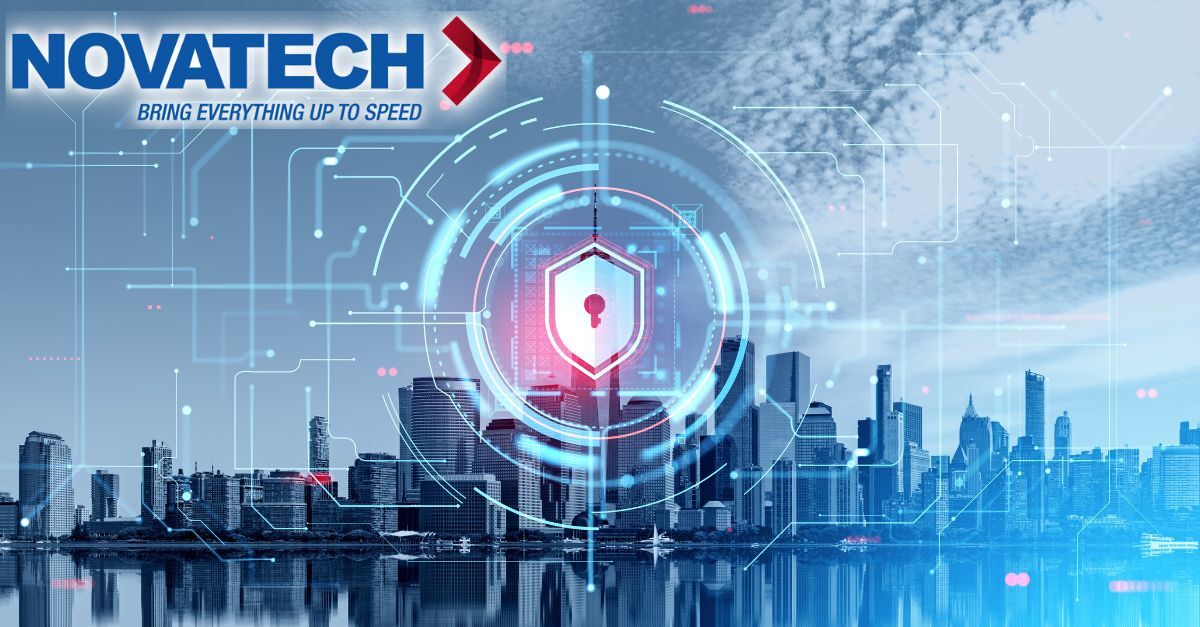 A futuristic cityscape is overlaid with digital network lines and a glowing shield icon, symbolizing technological