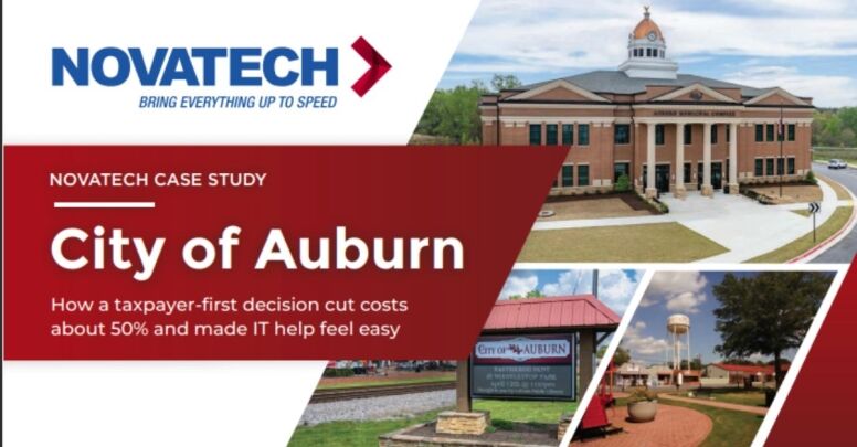 This is a case study cover for Novatech about the City of Auburn, highlighting how a taxpayer-first decision cut costs