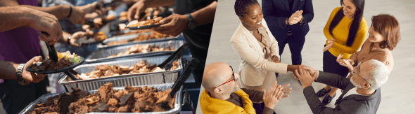 People are seen serving themselves