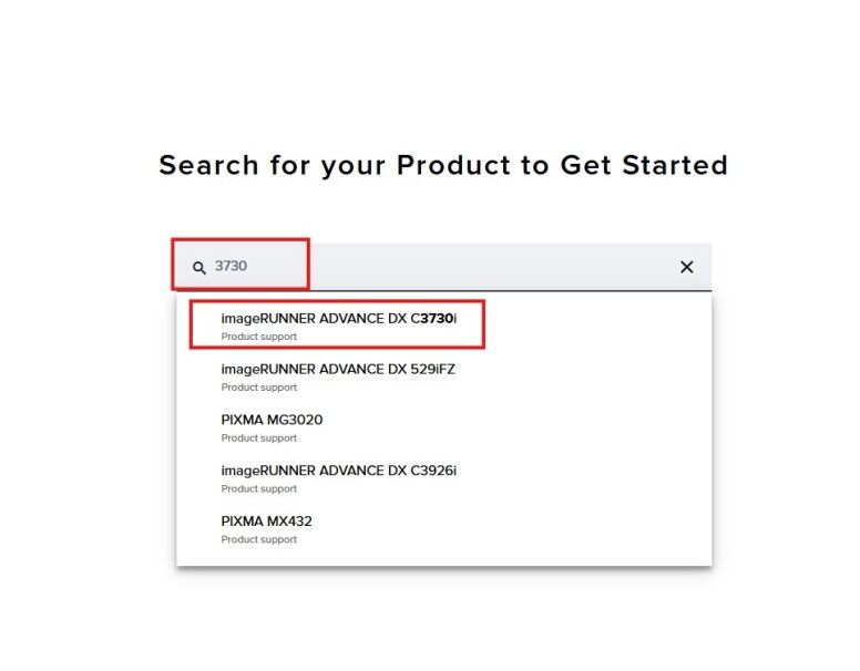 A search bar displays "3730" and a dropdown list of product suggestions, with "imageRUNNER ADVANCE DX C3730i"