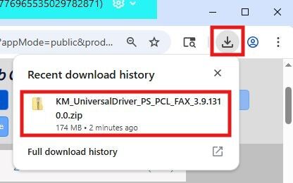 A download history pop-up window shows a recently downloaded file named "KM_UniversalDriver_PS_PCL_FAX_3.9.1310.0.zip".