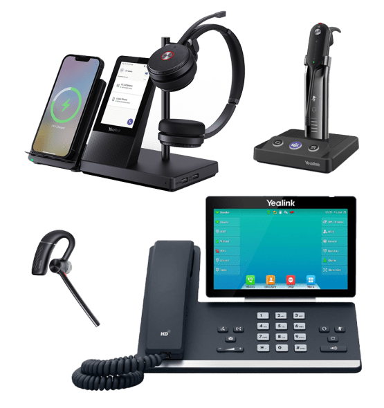 A collection of Yealink communication devices, including a smartphone charging stand with a headset, a wireless headset