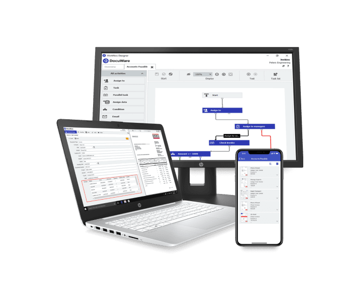 A workflow designer application is displayed across a laptop, desktop monitor, and smartphone, showcasing an accounts