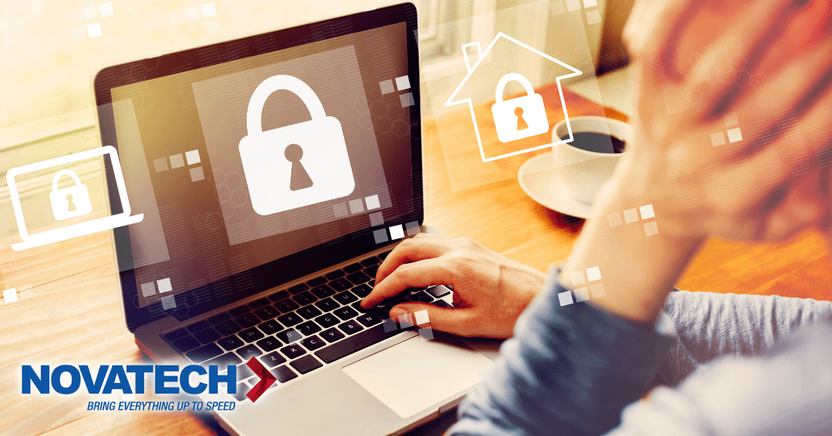 A person types on a laptop displaying security icons, with a coffee cup and a logo for 