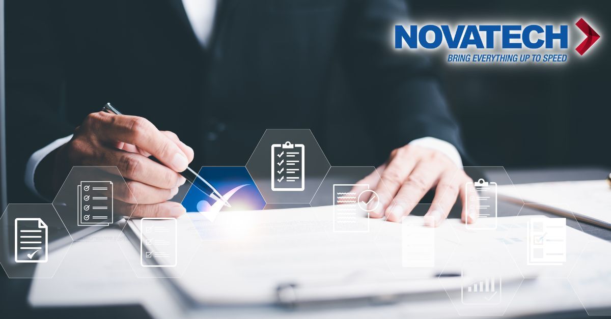 A person in a suit signs a document, surrounded by digital icons representing checklists and processes, with the