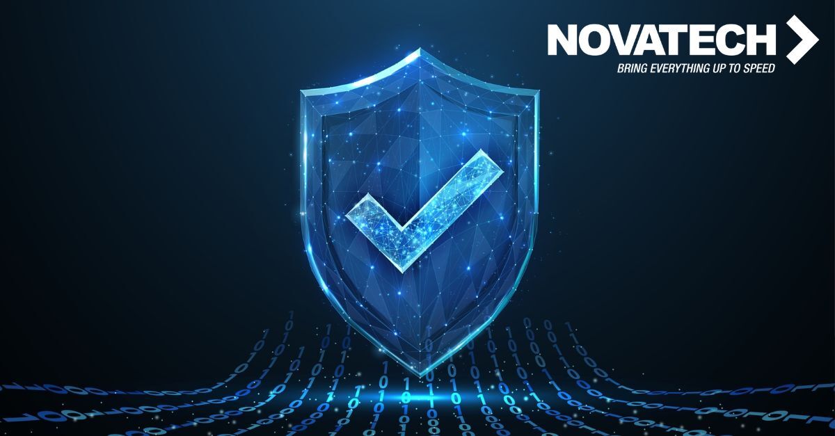 A glowing, polygonal shield with a checkmark, surrounded by streams of binary code, symbolizes digital security and