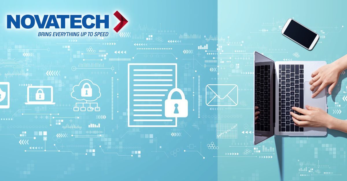 Novatech's branding is presented with digital security and data icons, illustrating secure technology solutions and