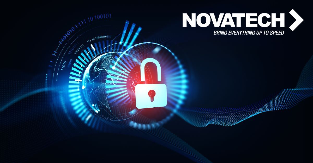 A promotional graphic for Novatech showcases a digital globe, binary data, and an open padlock, symbolizing advanced