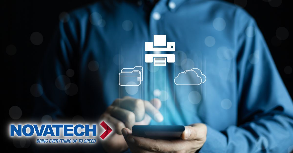 A person interacts with a smartphone, from which digital icons representing printing, document management, and cloud