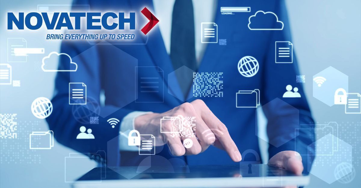 A business professional interacts with a digital interface displaying various tech icons related to data, cloud, and