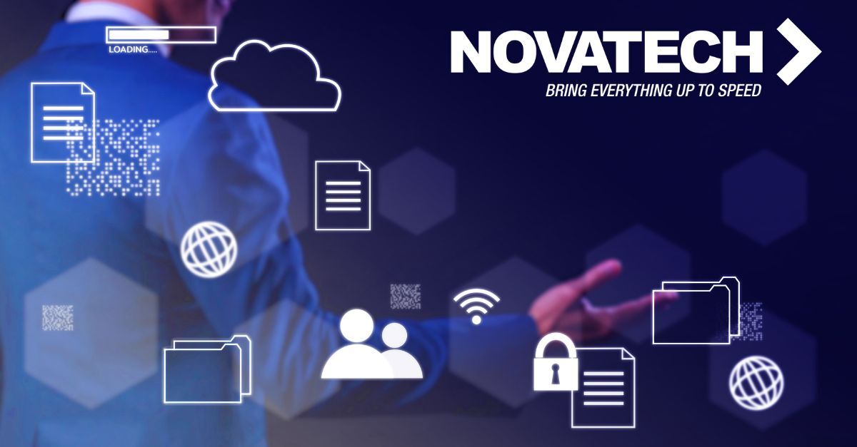 A professional interacts with a virtual interface displaying icons for cloud services, data, and connectivity,