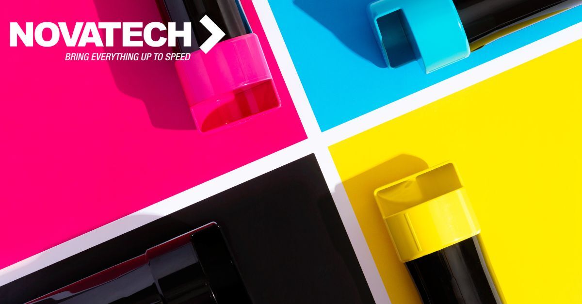 The NOVATECH logo and slogan are displayed across a vibrant composition of CMYK color blocks and associated printing