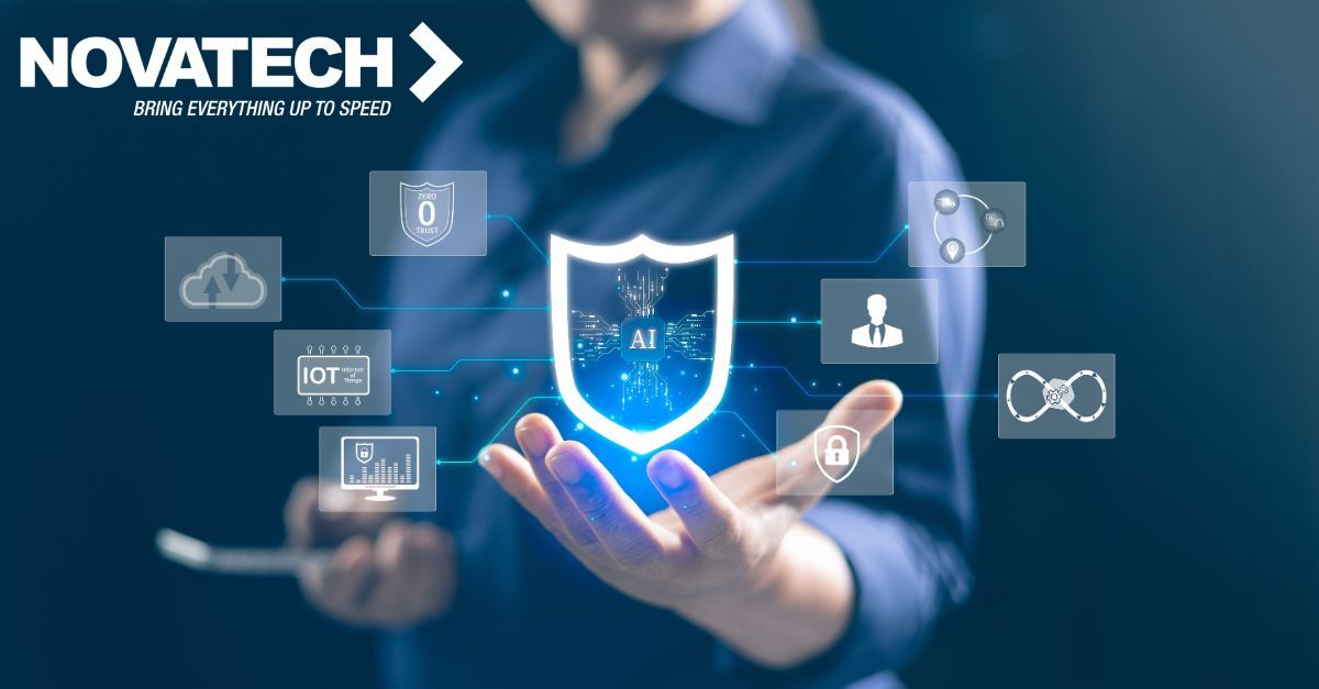 A person's hand presents a glowing AI security shield at the center of a network of interconnected digital technology