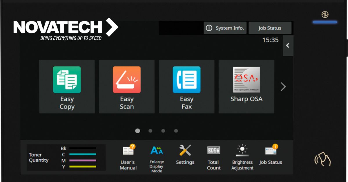 A Novatech branded digital control panel for a multifunction printer or copier displays various operational modes,
