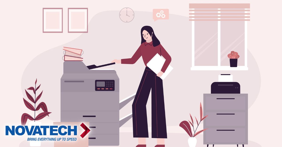 A woman processes documents using a large office machine in a modern workspace, with the Novatech logo promoting