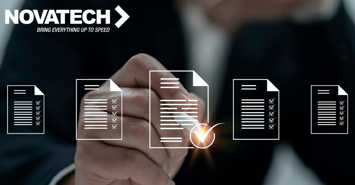 A hand is interacting with a digital interface displaying several documents with checklists, one of which is