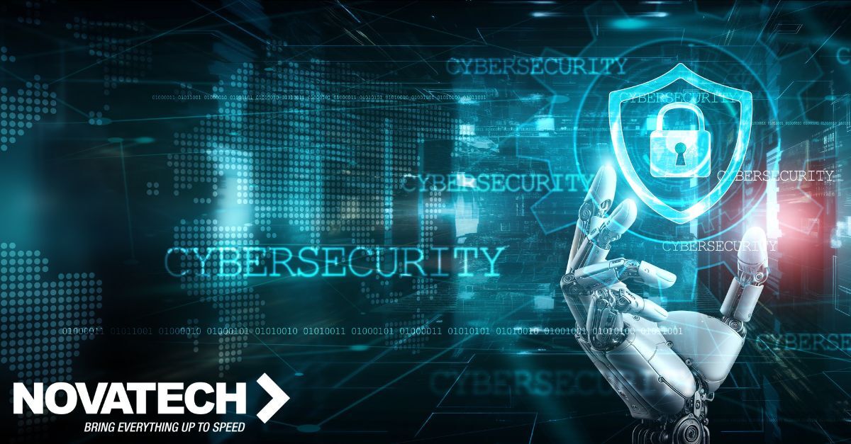 A robotic hand interacts with a glowing cybersecurity shield and lock icon against a backdrop of a digital world map