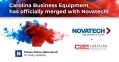 This image announces the merger of Carolina Business Equipment with Novatech, featuring their respective logos and a