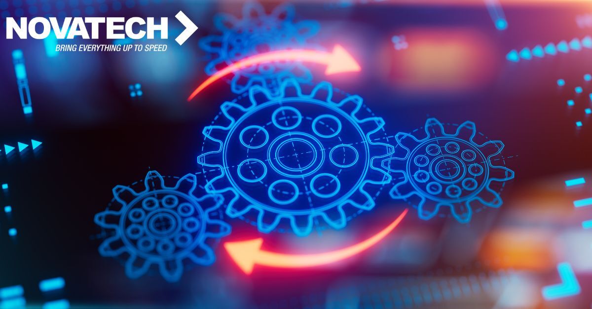 Three glowing blue gears are interconnected with red arrows indicating a circular motion, set against a dark,