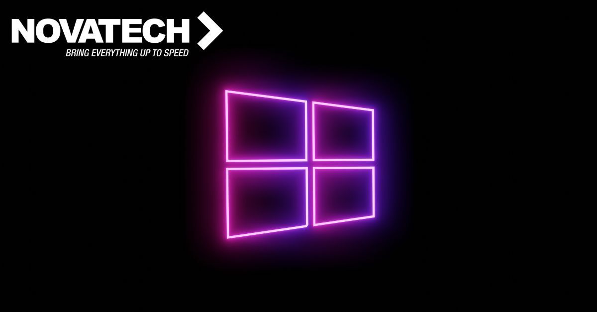 A neon Windows logo glows in purple and pink against a black background, with the 