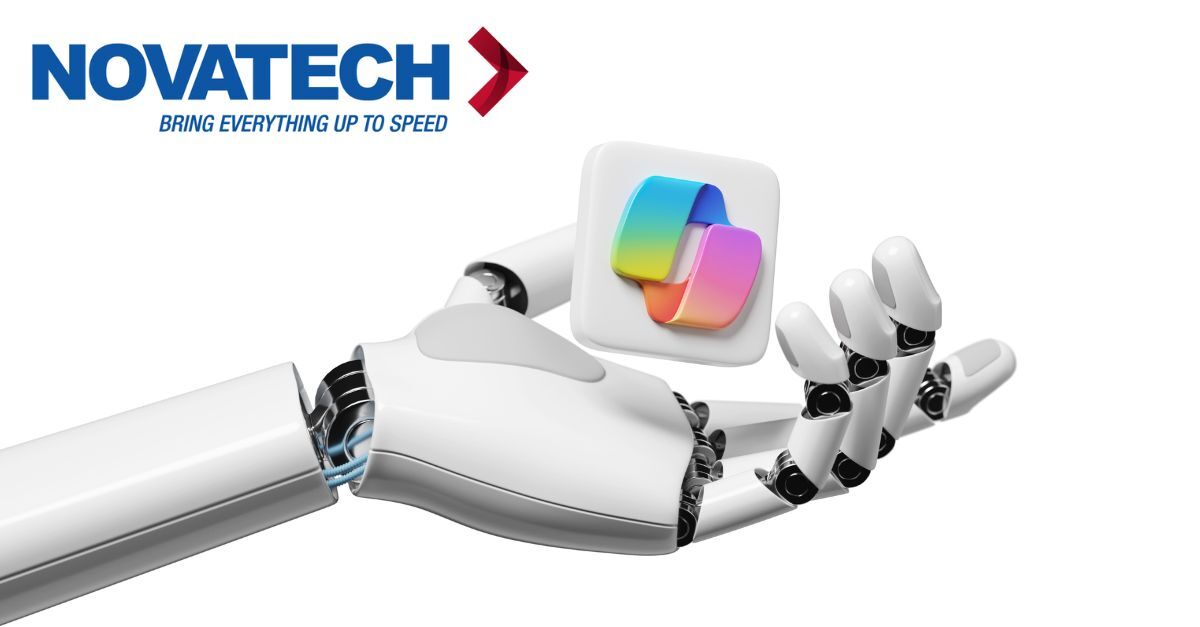 A robotic hand holds a colorful, abstract icon with the 