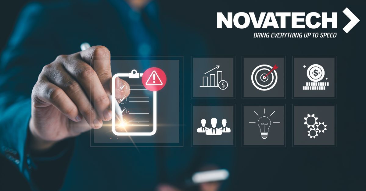 A person's hand is interacting with a digital interface displaying a checklist with an alert symbol, alongside icons