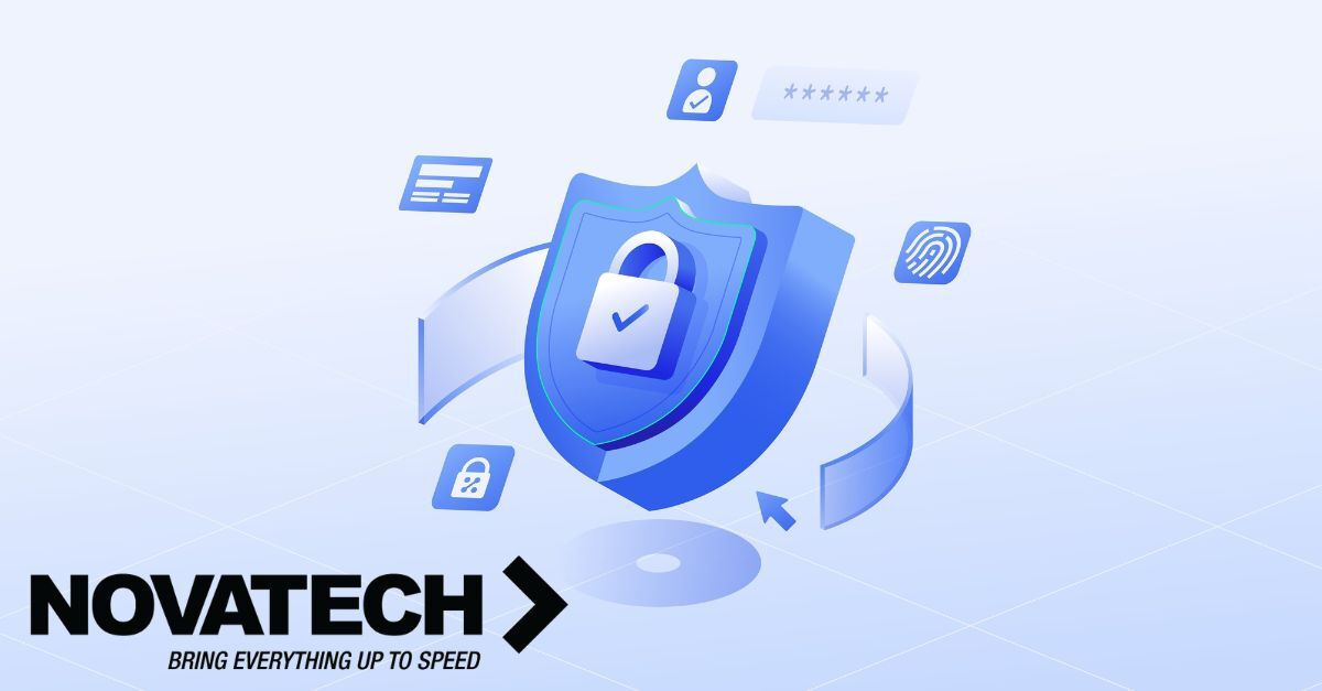 A digital shield with a lock and checkmark symbolizes security, surrounded by icons representing user authentication,