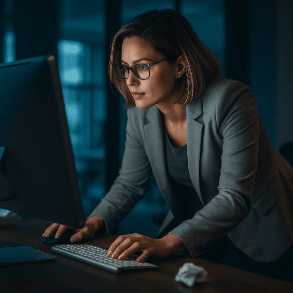 A focused businesswoman in a grey blazer works late at her computer in a dimly lit office.