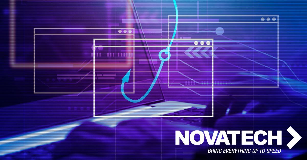 A phishing hook graphic overlays a laptop screen displaying abstract digital elements and the 