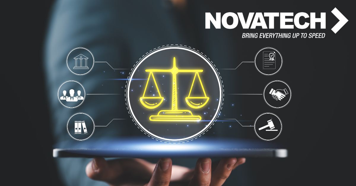 A person holds a tablet displaying a digital interface with legal icons and the Novatech logo.