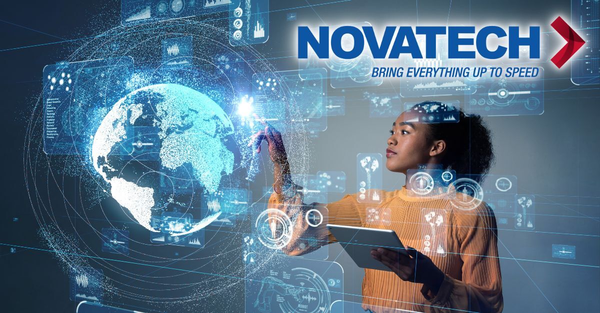 A woman interacts with a holographic display of the Earth, surrounded by futuristic data visualizations, with the