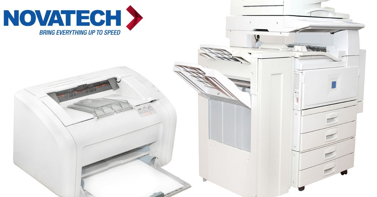 A Novatech logo is displayed above two white office machines, a printer on the left and a copier/multifunction printer
