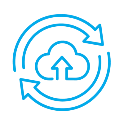 A blue cloud icon with an upward arrow inside is surrounded by circular arrows, suggesting a cloud synchronization or