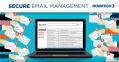 A laptop displays a secure email management interface surrounded by numerous hands holding envelopes, symbolizing
