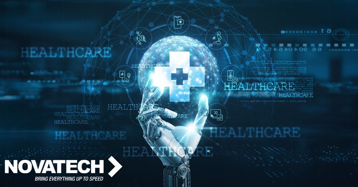 A robotic hand holds a glowing blue medical cross within a digital sphere, surrounded by the word