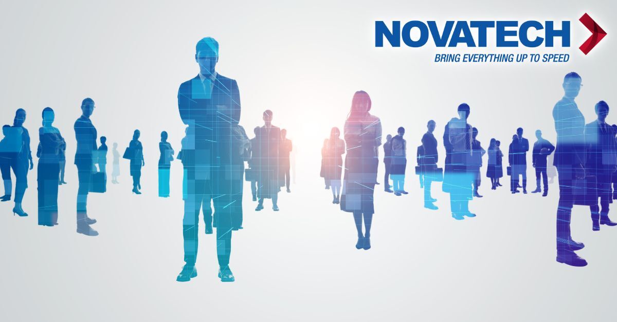 A group of silhouetted business professionals stands against a white background, with the