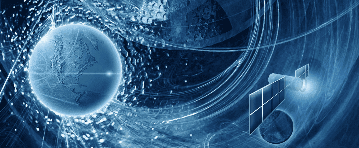 A satellite orbits a stylized Earth amidst swirling blue lines and abstract patterns, suggesting global connectivity