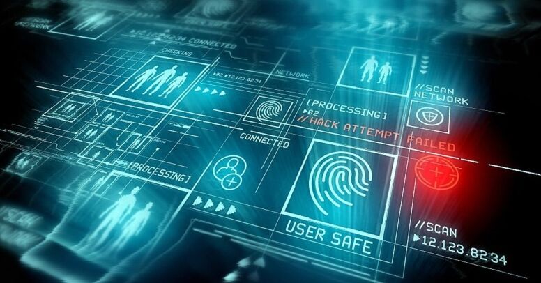 A futuristic digital interface displays a cybersecurity system detecting and failing a hack attempt, with user data