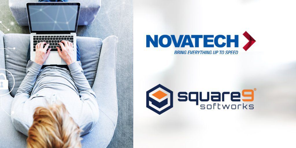A person works on a laptop on a couch, with logos for Novatech and Square 9 Softworks displayed to the right.