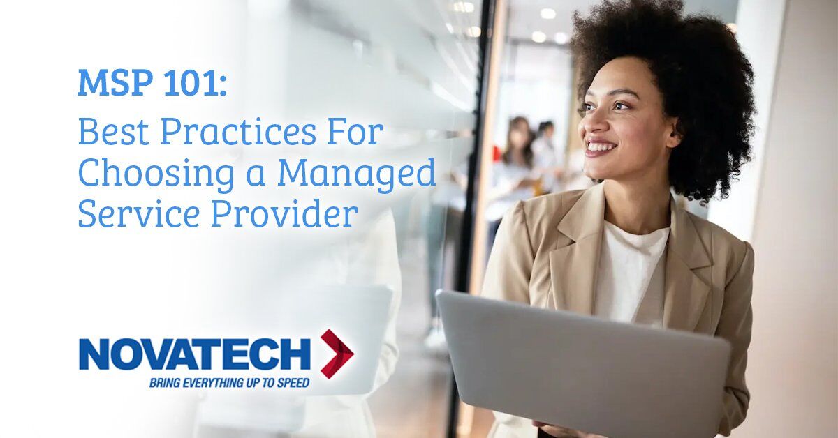 A woman in a beige blazer smiles while holding a laptop, with text overlaying the image that reads 