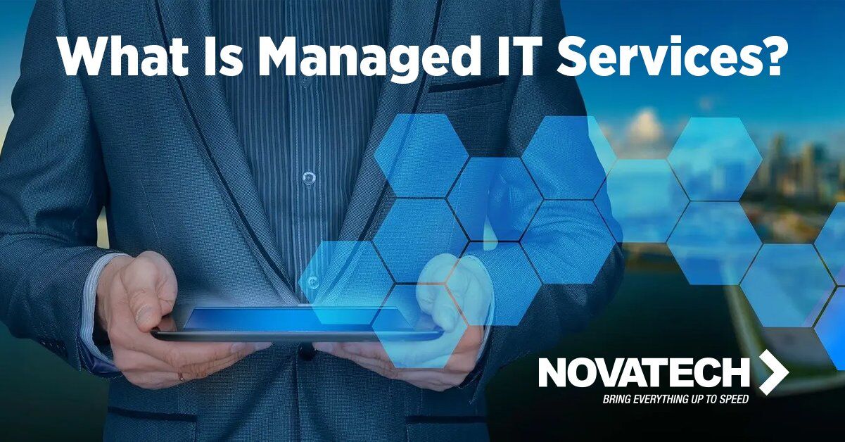 A man in a suit holds a tablet with a hexagonal overlay, while the text 