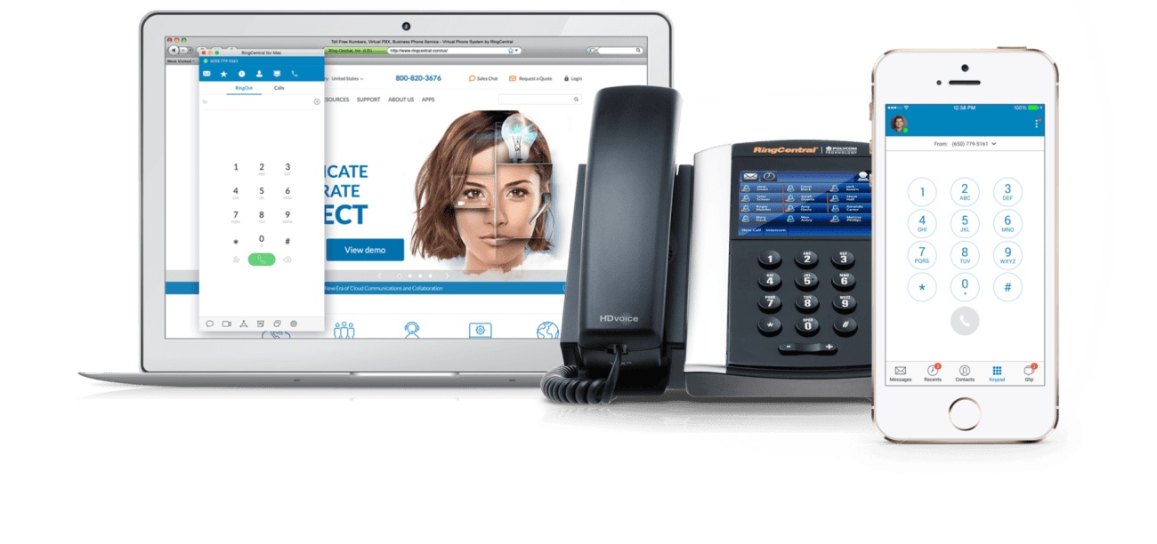 A RingCentral phone system is displayed across a laptop, desk phone, and smartphone, showcasing its integrated