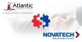 The image depicts a business partnership announcement between Atlantic Business Systems and Novatech, symbolized by a