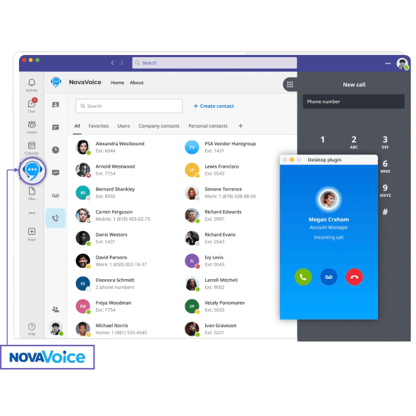 A screenshot of the NovaVoice desktop application displays a contact list and an incoming call notification.
